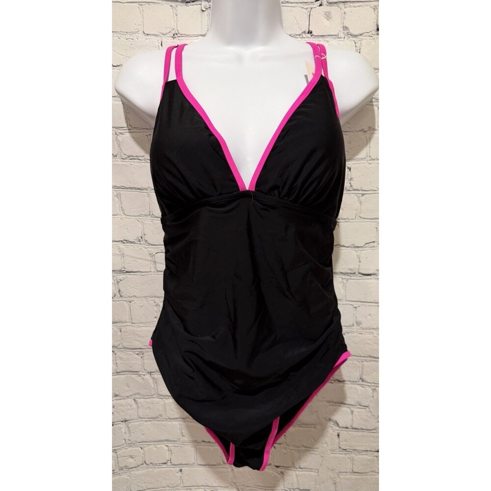 NWT B2 PRITY One Piece Swimsuit Tummy Control Black and Pink Large